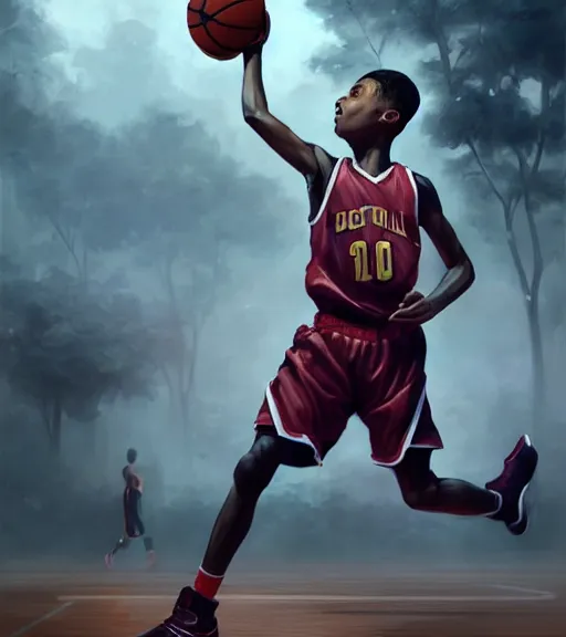 Image similar to portrait of a boy at a basketball court playing basketball wearing a basketball uniform in a basketball court, intense emotion, detailed surroundings, intricate, elegant, highly detailed, centered, digital painting, artstation, concept art, smooth, sharp focus, illustration, by Peter Mohrbacher, WLOP