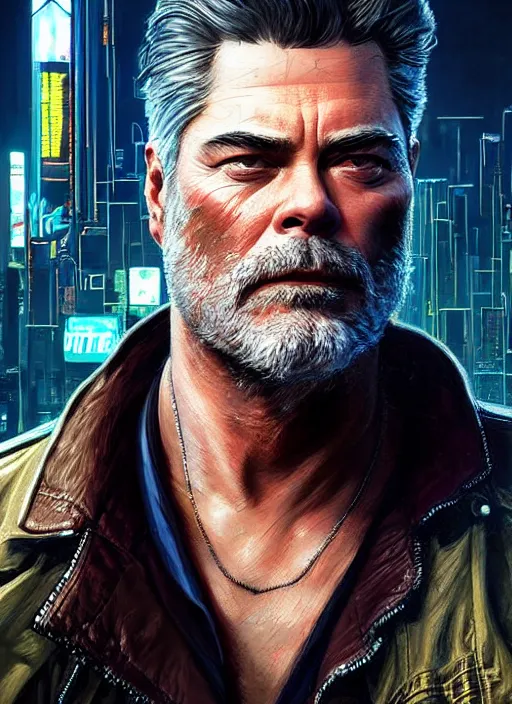 Image similar to portrait of ray liotta as a homeless character in cyberpunk 2 0 7 7, looking at camera, intricate, dystopian, sci - fi, extremely detailed, digital painting, artstation, concept art, smooth, sharp focus, illustration, intimidating lighting, incredible art by artgerm and greg rutkowski and alphonse mucha and simon stalenhag