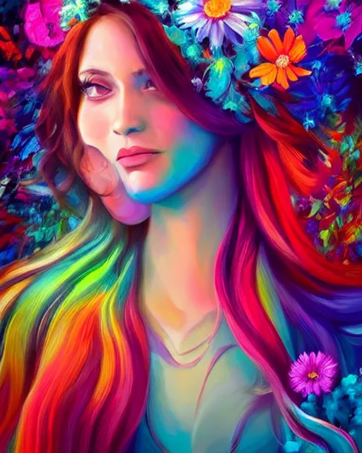 Prompt: a realistic colorful painting of a iridescent - haired woman with striking eyes, girl in flowers, directed gaze, digital art by rhads, lisa frank, clint cearley, trending on artstation, psychedelic art, psychedelic, vibrant colors, mystical, digital illustration