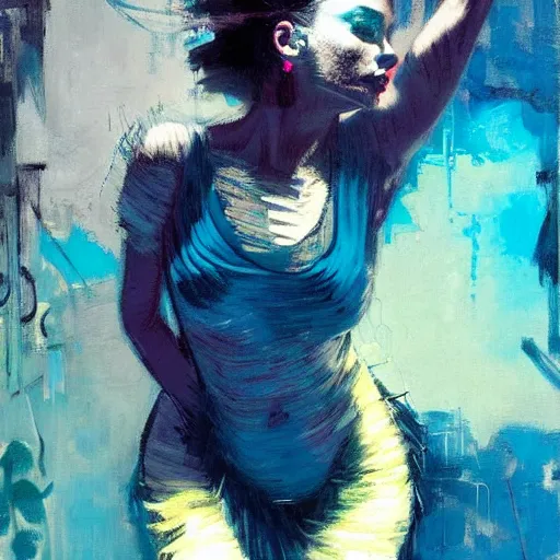 Image similar to portrait of beautiful girl sensual dancing, ecstatic, wonderful techno party, shades of blue, utopia, by by greg rutkowski, by jeremy mann, by francoise nielly, by vincent van gogh