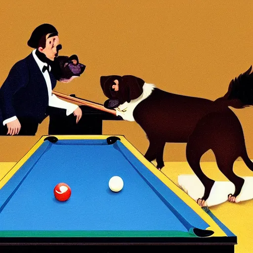 Prompt: two dogs playing billiards in the style of jack vettriano