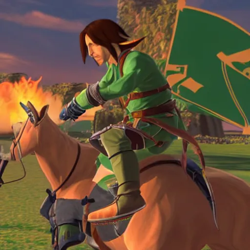 Prompt: Keanu reeves in hyrule as link fighting Donald Trump as Gannon realistic detailed image high resolution photo