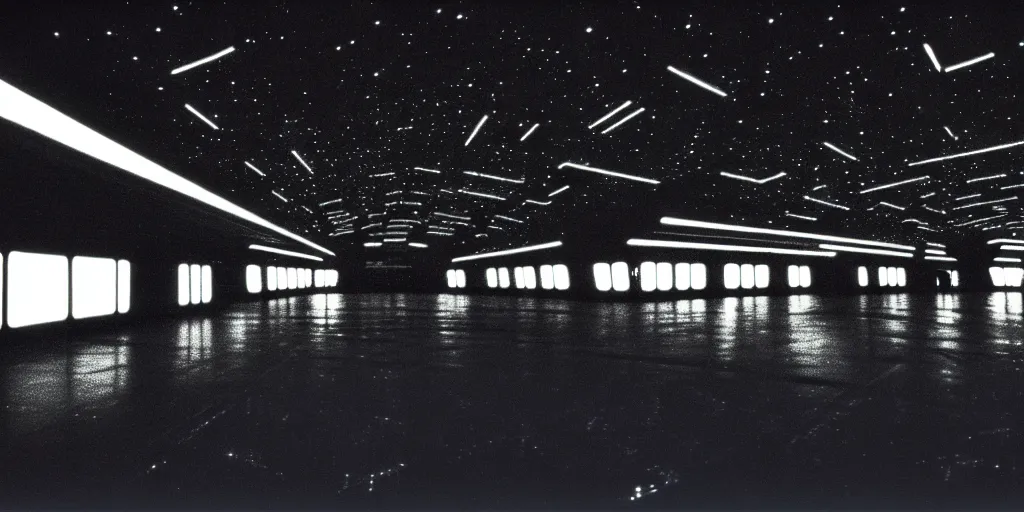 Image similar to interior shot of a space port at night, retro punk, cinematography by Jim Jarmusch, composition by Hale Woodruff,in the style of robert doisneau, soundtrack by Aphex Twin, background by Moebius.