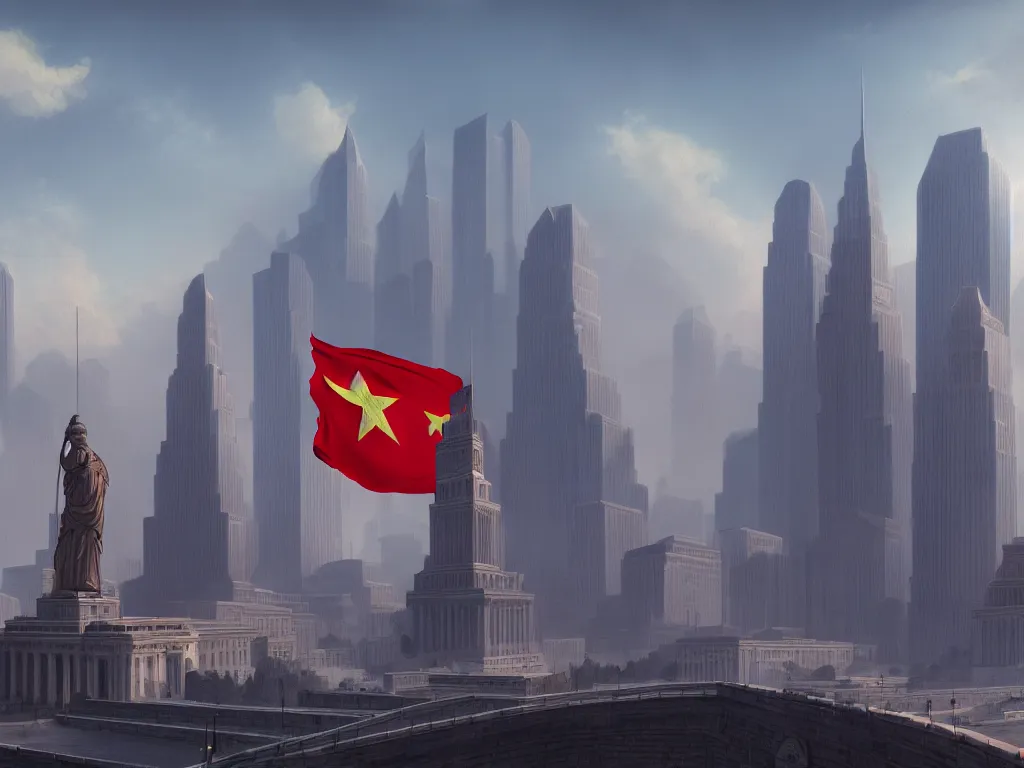 Image similar to landscape matte painting by fan wennan. communist american capitol megastructure shining in the sun after the triumph of socialism in america, communist american state flag, communist statue and emblem, digital painting, awe, bright future, hope, highly detailed, 4 k, artstation, photorealistic, architecture, america 2 0 9 8