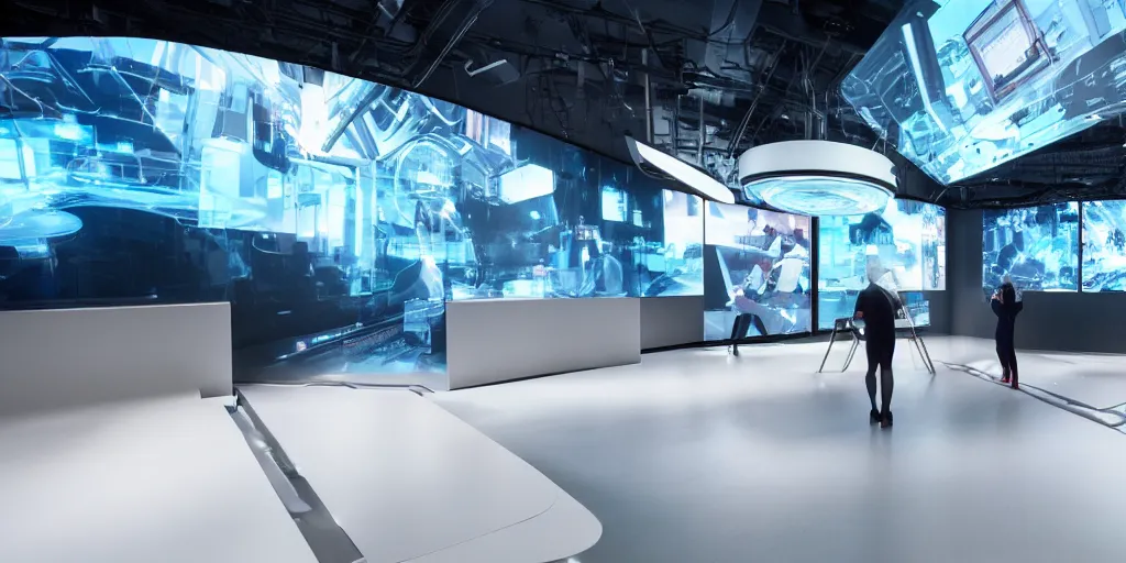 Image similar to stunning futuristic AI lab, projection screens, immersive graphics