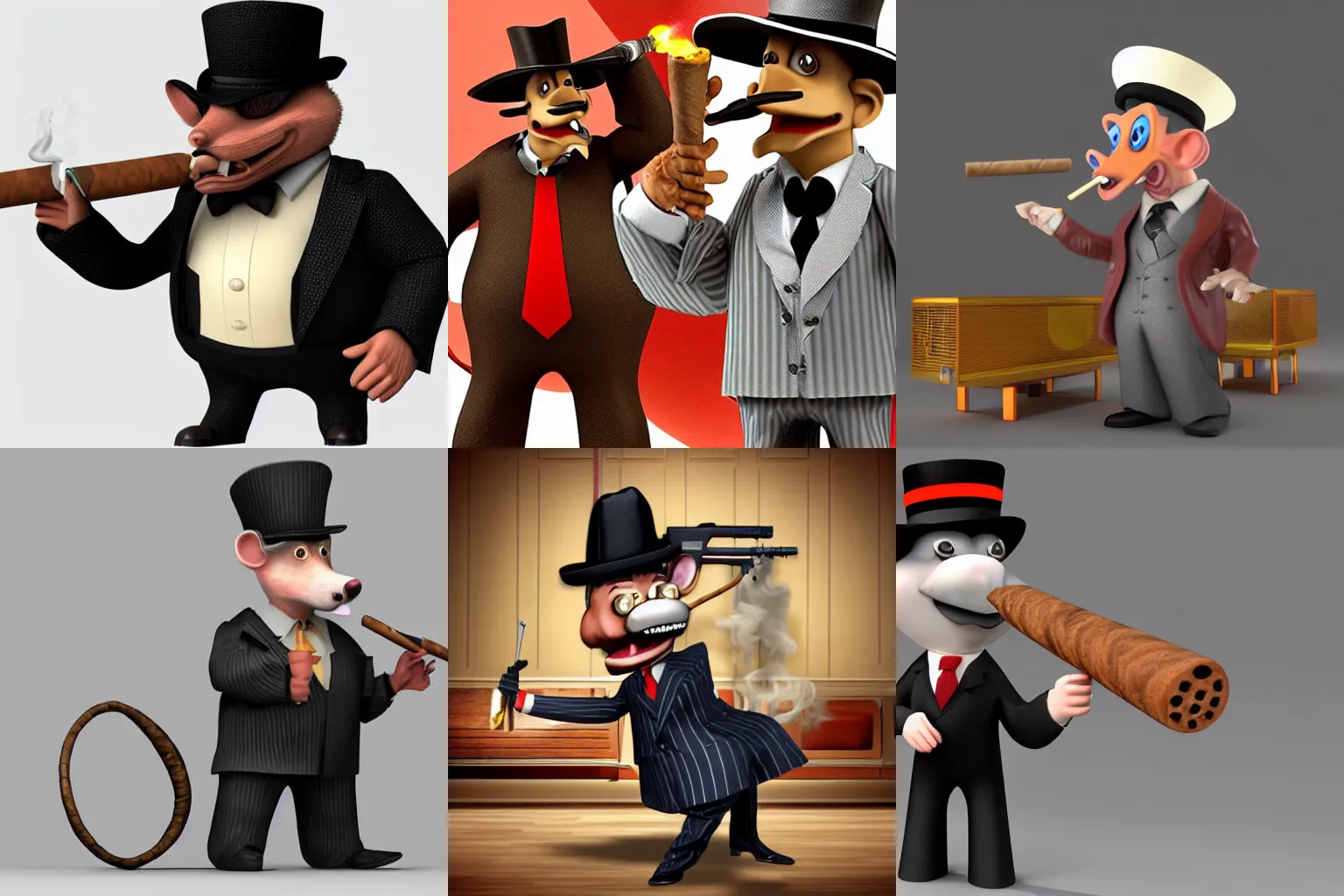 Prompt: 3d model of a cartoon male rat wearing a pinstriped suit and mafia-style hat, smoking a cigar and holding a semi-automatic submachine gun