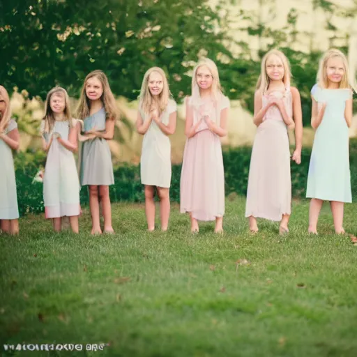 Image similar to 1 0 girls lined up of different ages from left to right, 5 0 mm lens, f 1. 4, sharp focus, ethereal, emotionally evoking, head in focus, volumetric lighting, blur dreamy outdoor,