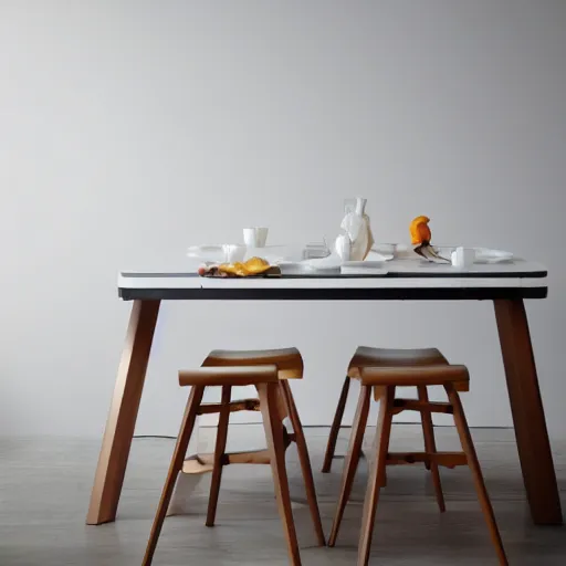 Prompt: a dining set designed by james dyson, white background, studio photograph