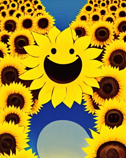 Image similar to sunflower with a smiley face central, by koson ohara, by darwyn cooke, by greg rutkowski, by satoshi kon