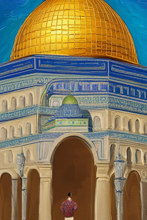 Image similar to a beautiful oil painting flyer design illustration of dome of the rock jerusalem and a man is praying to god in front of it, intricate, elegant, highly detailed, digital painting, artstation, concept art, smooth, sharp focus, illustration