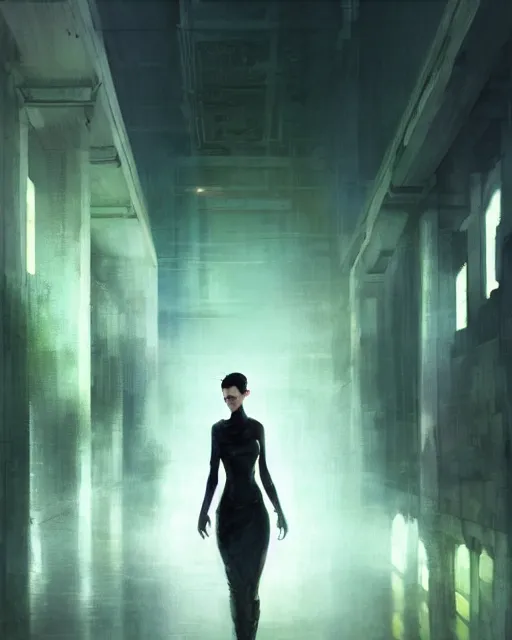 Image similar to gracious, regal majestic, pragmatic, charismatic character persephone from the matrix, face centered portrait, confident, ruined cityscape, sterile minimalistic room, architecture, fog, volumetric lighting, illustration, perfectly shaded, greenish tinge, cold lights soft painting, art by krenz cushart and wenjun lin