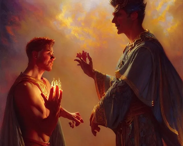 Image similar to attractive male deity, casting demonic magic, summoning handsome lucifer morning star. highly detailed painting by gaston bussiere, craig mullins, j. c. leyendecker 8 k