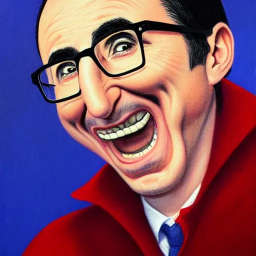 Image similar to Facial portrait. John Oliver, looking at the camera, laughing like a maniac. dramatic background, dramatic illumination. extremely detailed painting on canvas. by Greg Capullo and by Henry Moebius and by John Romita Jr. Shown in a newspaper.