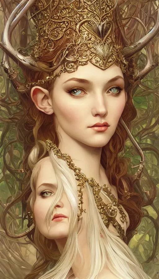 Image similar to a oil painting of a elven queen, cute, fantasy, intricate, elegant, highly detailed, centered, digital painting, artstation, concept art, smooth, sharp focus, illustration, art by artgerm and h r giger and alphonse mucha