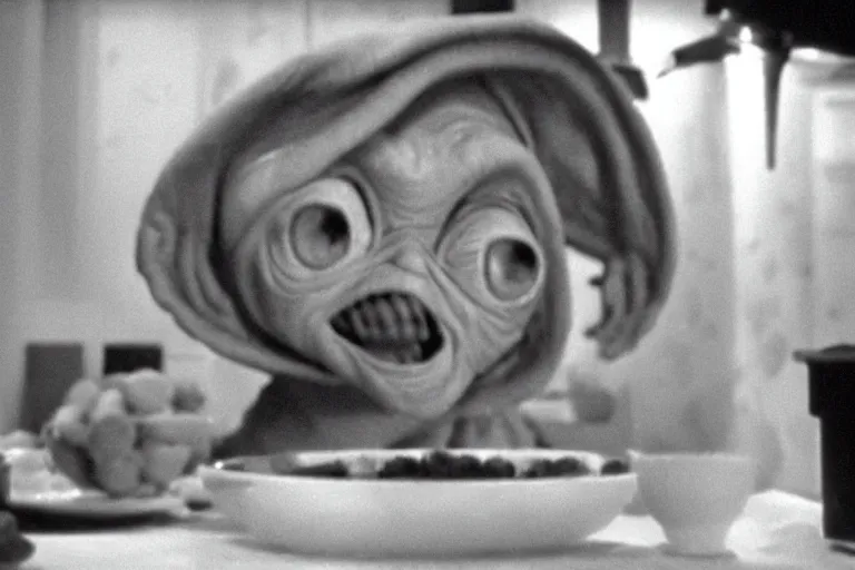 Image similar to E.T. eating a bowl of Cheerios cereal black and white Spielberg 35mm film cinematic 4k