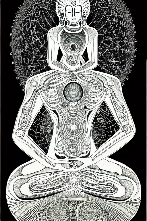 Image similar to a black and white drawing of chakra awakened ancient futuristic buddha meditating, bioluminescence, a detailed mixed media collage by eduardo paolozzi and ernst haeckel, intricate linework, sketchbook psychedelic doodle comic drawing, geometric, deconstructivism, matte drawing, academic art, constructivism