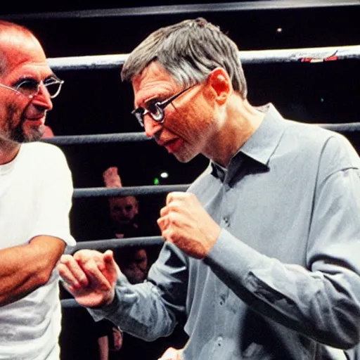 Image similar to steve jobs fighting bill gates, ultimate fighting championship