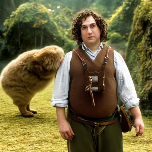 Image similar to clean shaven pudgy British lad with short curly dark brown hair as a hobbit wearing a white men's crossbody sling chest bag and blue vest standing next to a giant rabbit, high resolution film still, movie by Peter Jackson