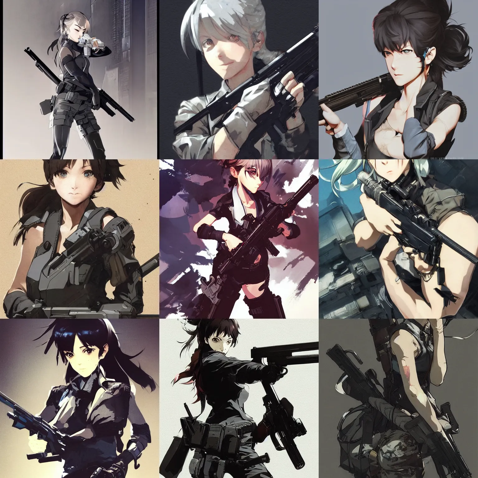 Prompt: girl silver ponytail hair, holding a gun, illustration by Yoji Shinkawa and Krenz Cushart, cinematic portrait