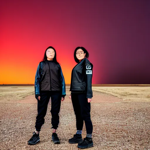 Image similar to photographic portrait of 2 techwear women in front of a brutalist metal building, on a desolate plain, red sky, sigma 8 5 mm f / 1. 4, 4 k, depth of field, high resolution, 4 k, 8 k, hd, full color