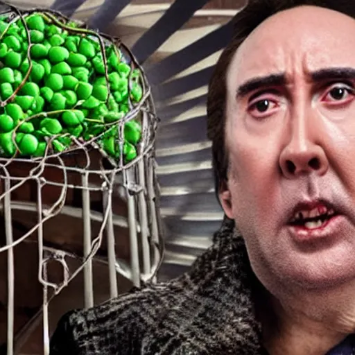 Image similar to nicolas cage trapped in a wicker cage with peas on his face, dying