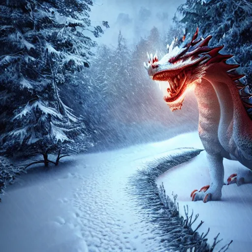 Image similar to a snow dragon on a path in a snowy montain. modern ultra realistic graphics and ray - tracing, atmosphere, depth of field, full of color, trending on artstation, ultra high detail, ultra realistic, cinematic, focused, 8 k