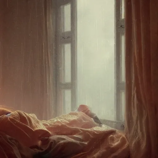 Image similar to on a rainy day, someone in home sits in bed, curled up under the covers, watching the rain outside the window, cinematic, artstation, extremely detailed, intricate, cinematic lighting, art by pierre - auguste renoir, greg rutkowski