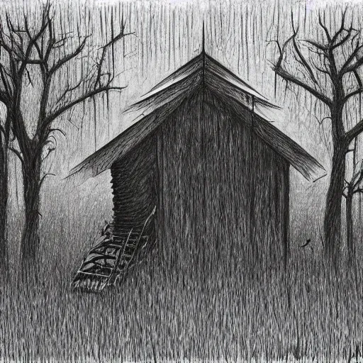 Image similar to a drawing of a eerie cabin in the middle of the woods in the style of beksinski