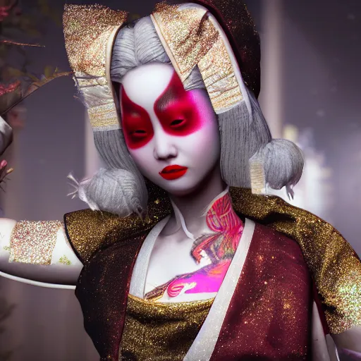 Image similar to mad albino geisha covered in glitter, unreal engine octane, detailed,intrincate, realistic,8k, epic lights