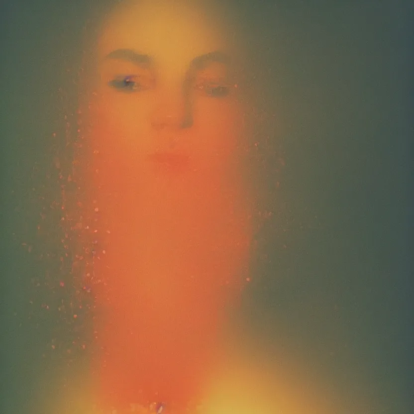 Image similar to a woman's face in the water, serene emotion, new polaroid, glitchy patterns, hazy, red, orange, yellow, soft lighting