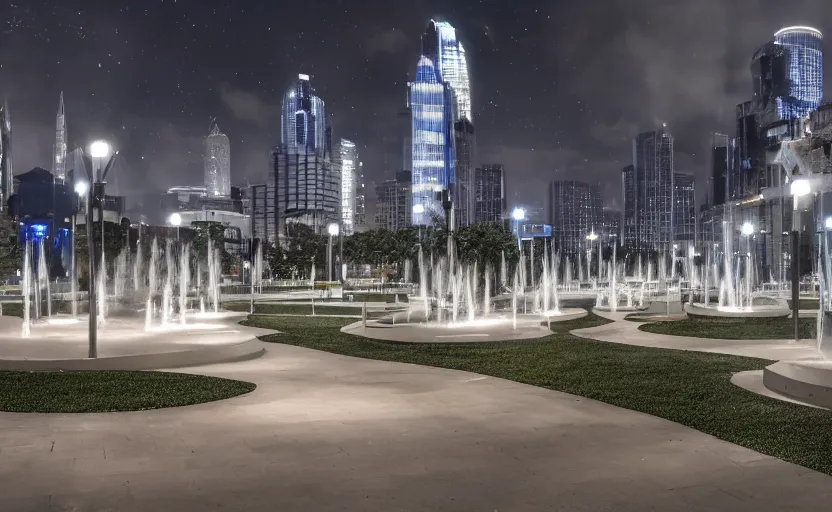 Image similar to photo of a futuristic landscape with futuristic buildings, lamp posts with floating illuminated glowing white orbs on top, sidewalks with scattered benches on the sides, fountain in the middle, highly detailed, high quality, HD, 4k, 8k, Canon 300mm, professional photographer, 40mp, lifelike, top-rated, award winning, realistic, sharp, no blur, edited, corrected, trending