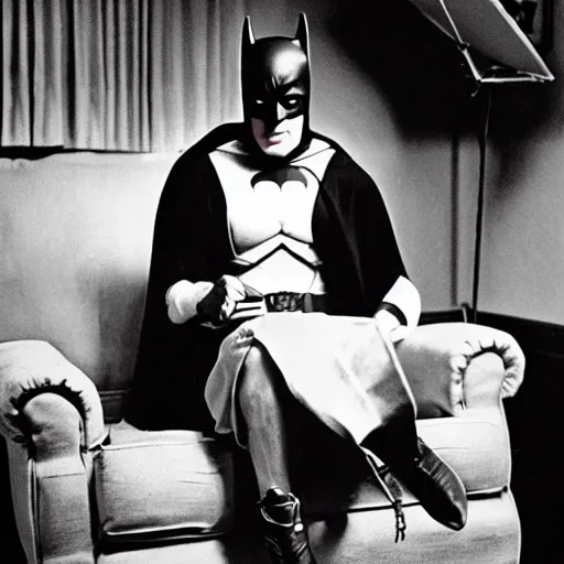 Image similar to photo of batman in an interview, photo taken by nina leen