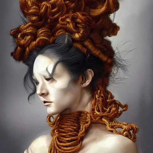 Image similar to portrait of a Shibari rope wrapped face and neck, headshot, insanely nice professional hair style, dramatic hair color, digital painting, of a old 18th century, Royal Emperor, amber jewels, baroque, ornate clothing, scifi, realistic, hyperdetailed, chiaroscuro, concept art, art by Franz Hals and Jon Foster and Ayami Kojima and Amano and Karol Bak,