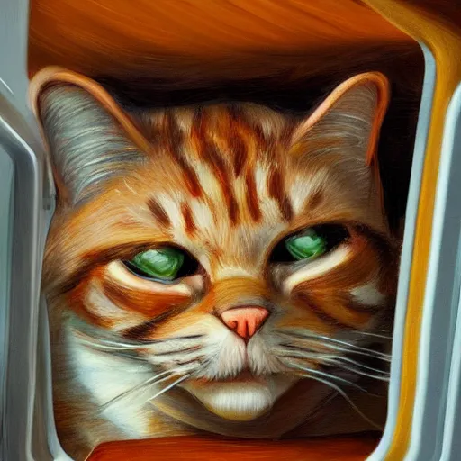 Prompt: Garfield the cat creepily raiding the fridge for lasagna at nine in the morning hyper realistic ultra realistic rtx trending on art station