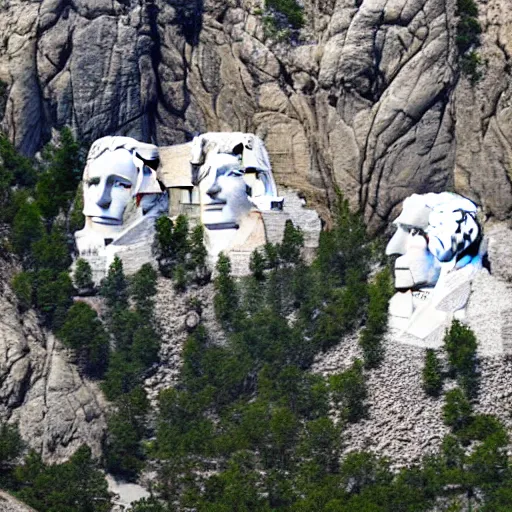 Image similar to a photo of mount rushmore after donald trump's face had been added. the photo clearly depicts the facial features of donald trump and his particular hair style carved into the stone at the mountain top, regal, pensive, powerful, just