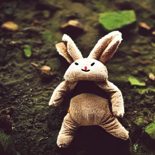 Image similar to a little brown karate loving ninja bunny that is a plush muppet wearing cool ninja clothes and practicing her karate out in nature, photorealistic, photography, ambient occlusion, rtx, national geographic