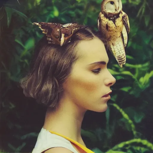 Prompt: head to shoulder portrait Polaroid film photograph of an elegant top model wearing a yellow kimono with a very detailed barn owl on her shoulder!!! in a tropical greenhouse. looking at the camera!!. super resolution. Polaroid 600 film. art by Alessio albi and john william waterhouse and John Singer Sargent and jules lefebres and Cristina Fontsare