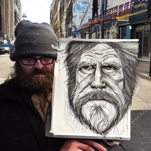 Image similar to fotoportrait of hobo artist drawing furries for booze on the dirty street. symmetry, awesome exposition, very detailed, highly accurate, intricate, professional lighting diffracted lightrays, 8 k, sense of awe