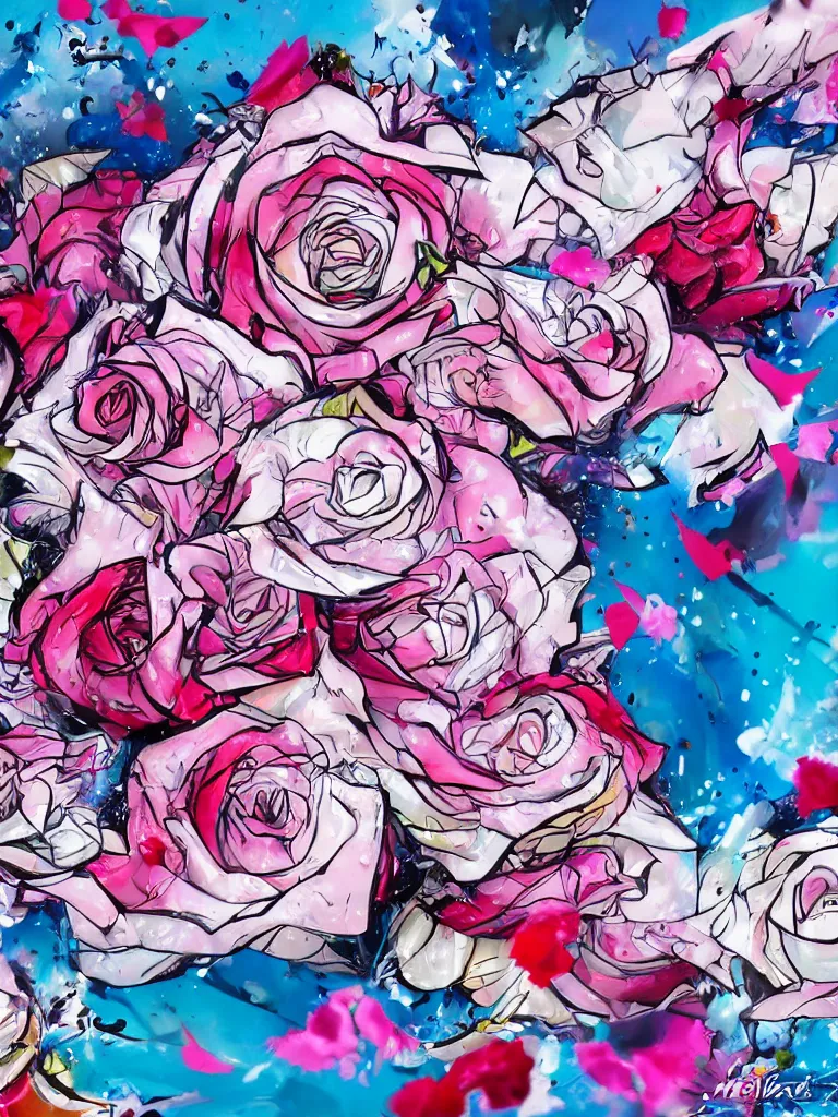 Image similar to hadouken of white and pink roses, flowers exploding and splattering, blue sky, big puffy clouds, spraypaint, wildstyle, totem 2, graffiti, exploding roses, large rose petals, lotus petals, large triangular shapes, studio ghibli anime, radiant lighting, artgerm, manga, trending on artstation, art nouveau, mature colors