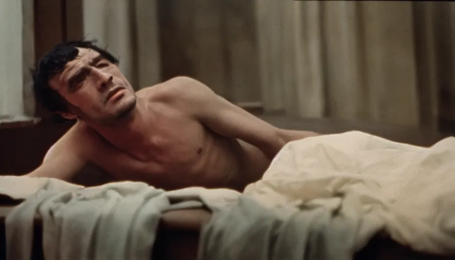 Image similar to 1 9 6 0 s movie still of jean - paul marat, cinestill 8 0 0 t 3 5 mm, high quality, heavy grain, high detail, panoramic, cinematic composition, dramatic light, ultra wide lens, anamorphic