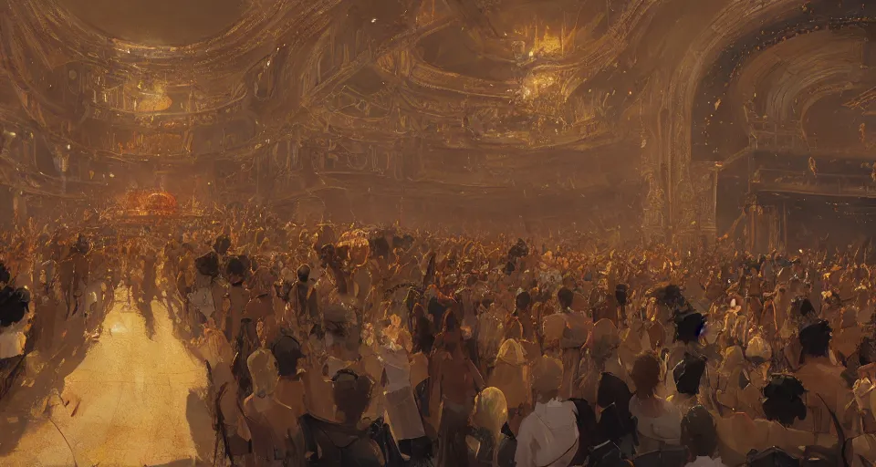 Image similar to craig mullins and ghibli digital art of inside the grand theater, audience, on the stage, masked female violinists, exotic costumes, gold jewelry, black hair, solo performance unreal engine, hyper realism, realistic shading, cinematic composition, realistic render, octane render, detailed textures, photorealistic, wide shot