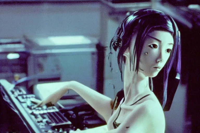 Prompt: anime alien using a computer to check her email submerged in translucent goo, over the shoulder perspective, in 1 9 8 5, y 2 k cybercore, industrial low - light photography, still from a kiyoshi kurosawa movie
