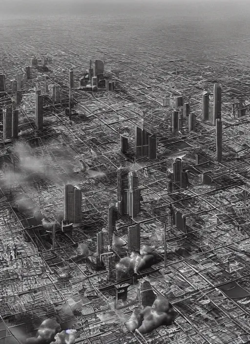 Image similar to a low angle shot and Hyper detailed photograph, of a large building that is flying above dried out miami city, large clumbs of cables and trash hanging underneath it, dust clouds of smoke in the air, fainting palmtrees, and scattered infrastructure, broken neon billboards and a Zeppelin flying close, hyperrealism