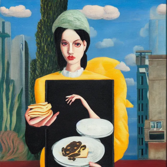 Image similar to tall emo female artist holding pancakes, in chippendale sydney, pigs, octopus, acrylic on canvas, surrealist, by magritte and monet