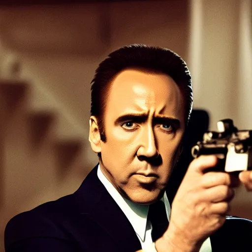 Image similar to Nicolas Cage as James Bond, Bond movie opening sequence