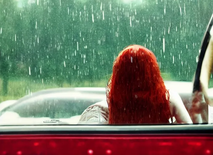 Image similar to A very high resolution image from a new movie, inside of a car, teen red hair woman, raining, hot, directed by wes anderson