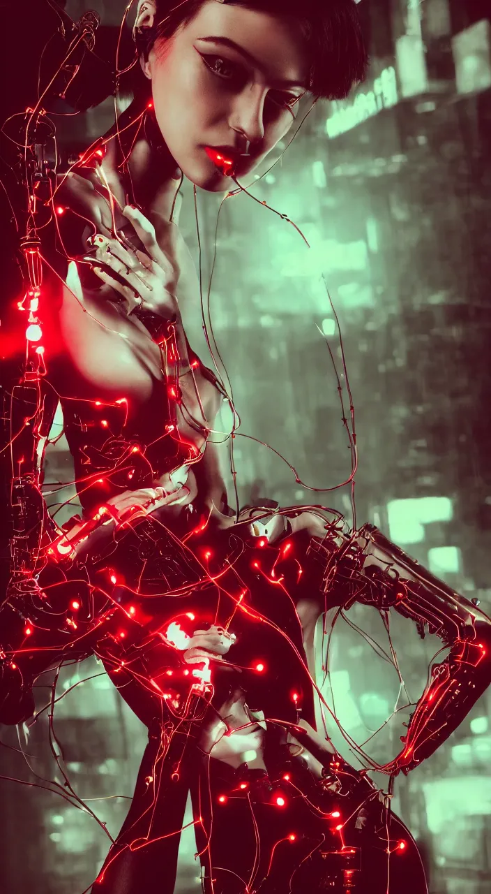 Image similar to woman, android, cyberpunk, artificial limbs, circuit, wires, mechanisms, tattoos, neon light, hard light, glamour, vogue photoshoot, fashion, long dress, red dress, raindrops, rain, wet, make - up, leaky make - up, red lipstick