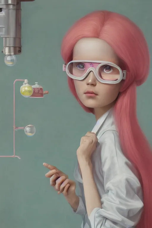 Prompt: highly detailed, profile portrait of a extremely beautiful, young adult, princess bubblegum from adventure time, experimenting in her science lab, wearing lab coat & saftey goggles, long bubblegum hair with long straight bangs, illustration concept art by nicoletta ceccoli, mark ryden, lostfish, detailed and intricate environment, 8 k resolution, hyperrealistic, 3 d octane render