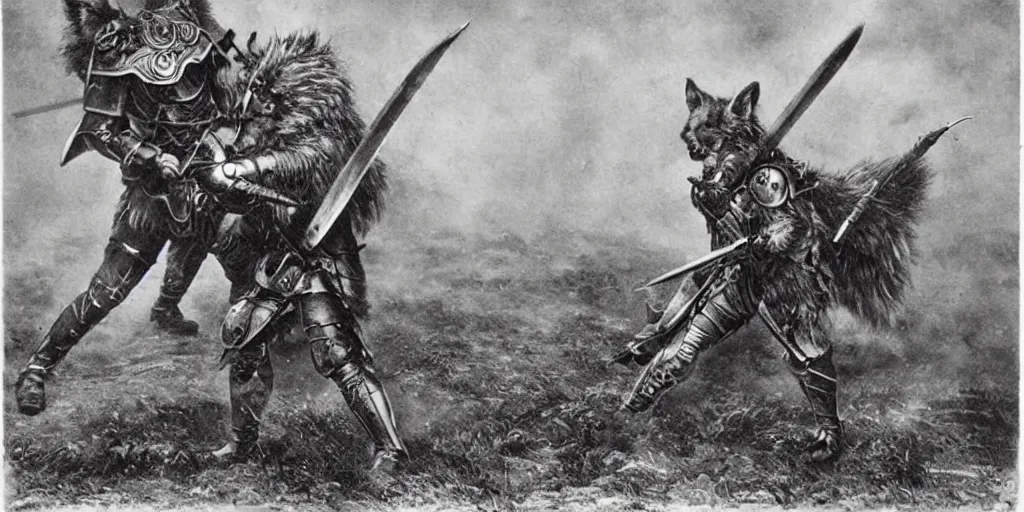 Image similar to anthropomorphic furry wolf in armor fighting in a battlefield, 1900s picture