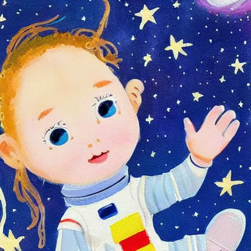 Prompt: a cute little girl with a round cherubic face, blue eyes, and short wavy light brown hair smiles as she floats in space with stars all around her. she is an astronaut, wearing a space suit. beautiful painting with highly detailed face by quentin blake and maurice sendak and greg rutkowski